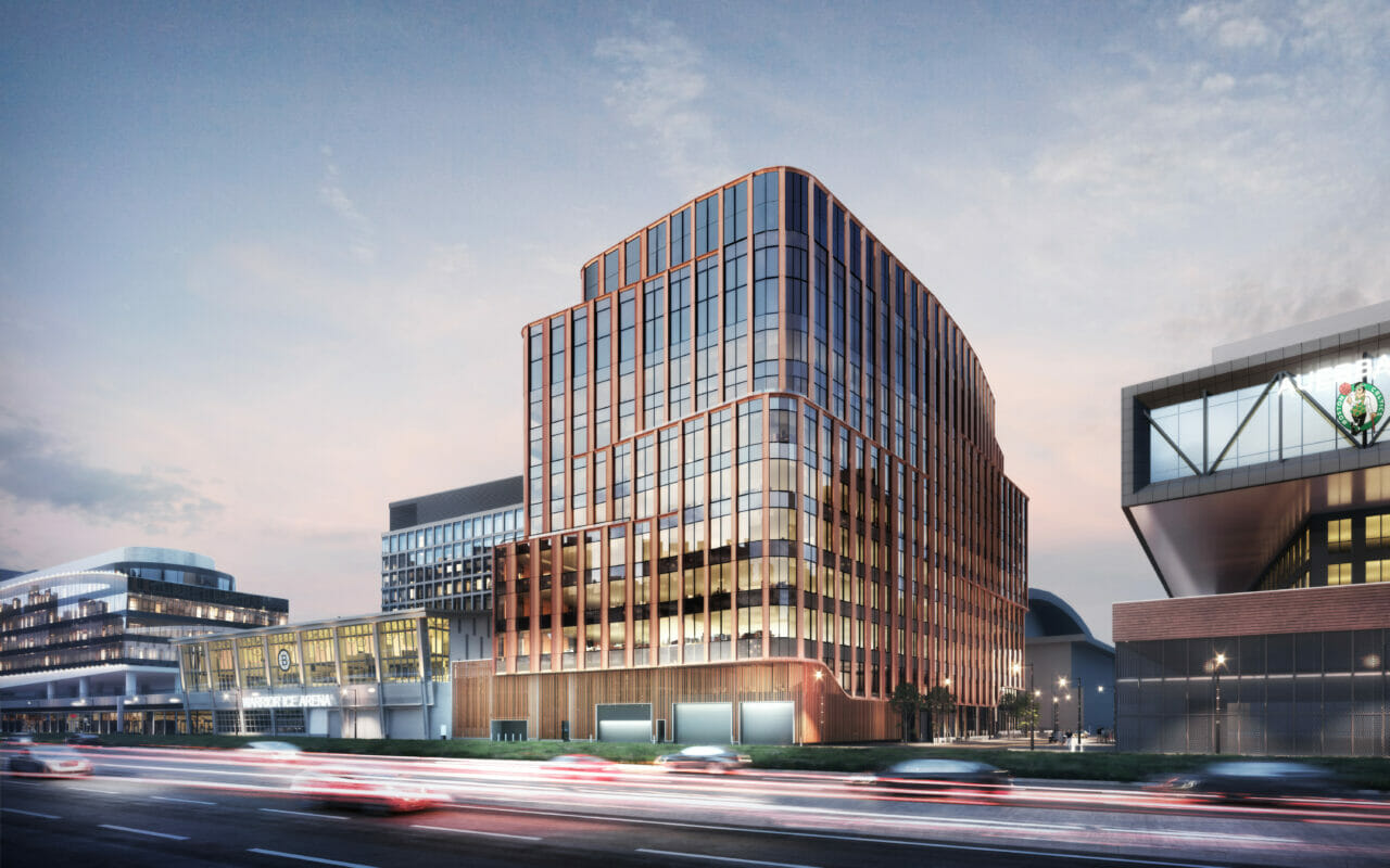 Architectural rendering of a modern building with copper tones, and engaging curves