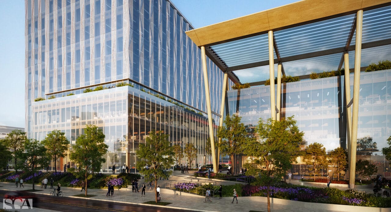 Evening view of the two mass timber laboratory buildings meant to show the connection between them and the surrounding nature which highlights its sustainable design
